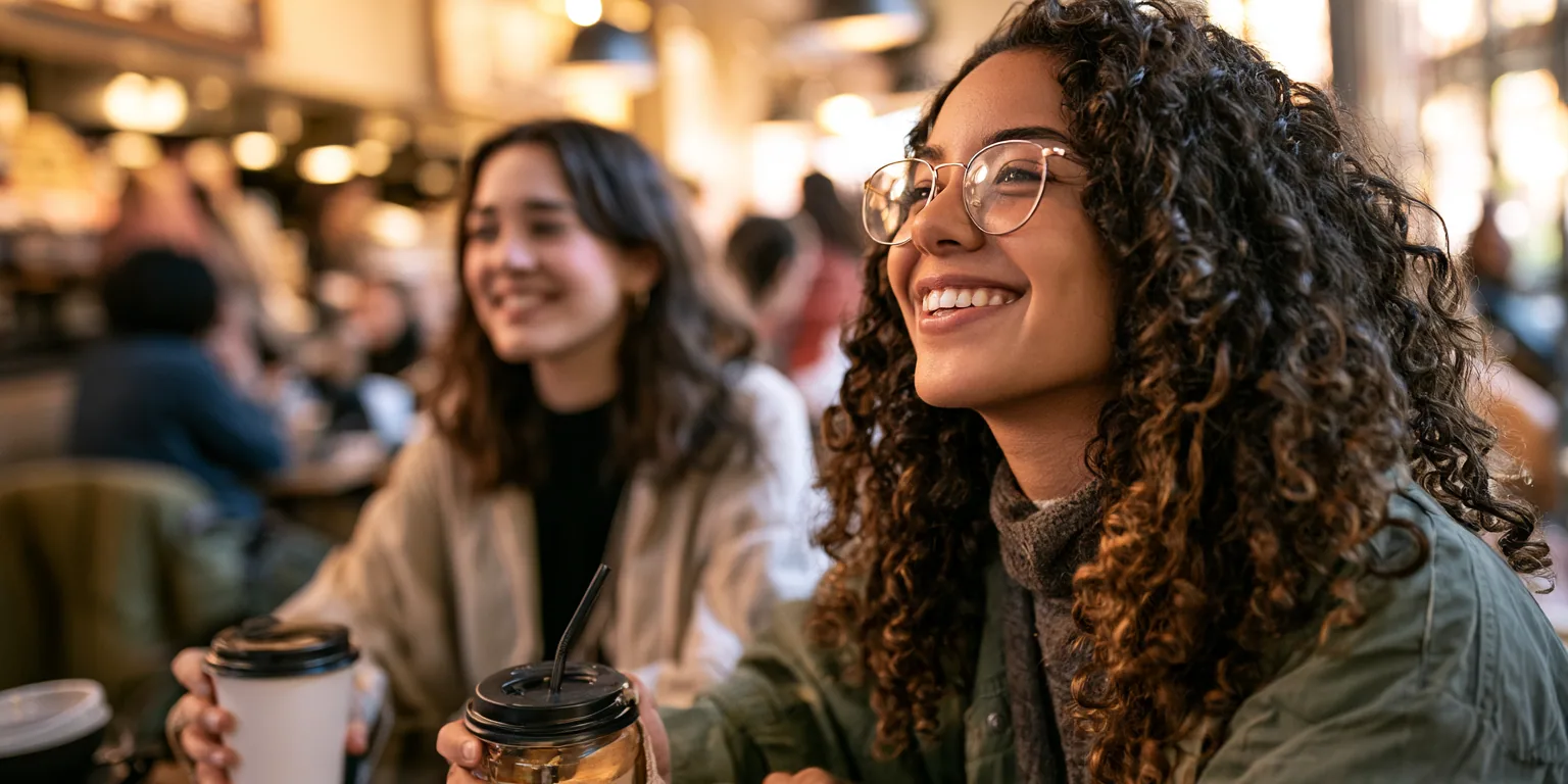 Two women laughing over takeaway coffees in a busy café, made with Midjourney V8.2