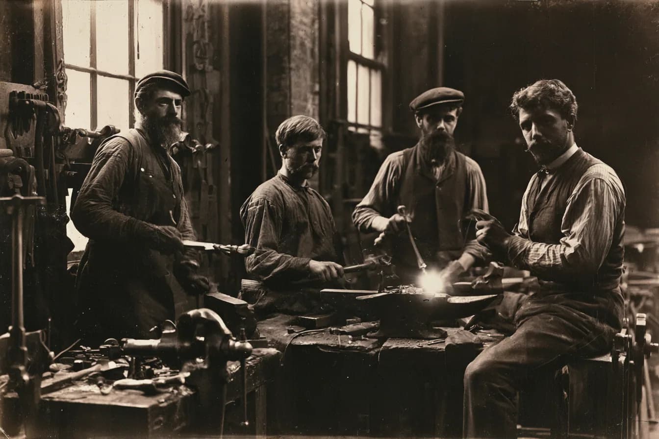 Tintype-style photo of bearded men working metal in an old workshop, with sparks flying, made with Midjourney V8.2