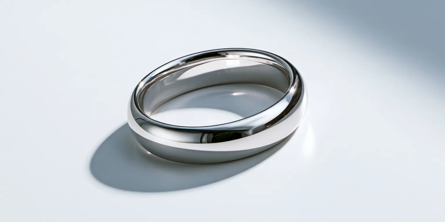 Silver wedding band on a bright white studio background, made with Midjourney V8.2