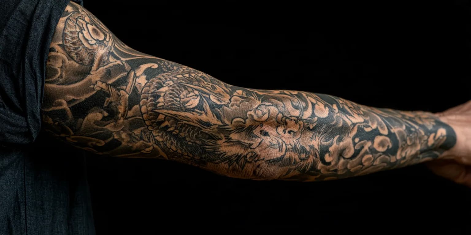Close-up of a forearm with a detailed Japanese sleeve tattoo, made with Midjourney V8.2