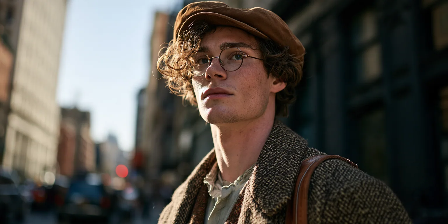 Young man in a flat cap, round glasses, and tweed jacket on a sunlit New York street, made with Midjourney V8.2