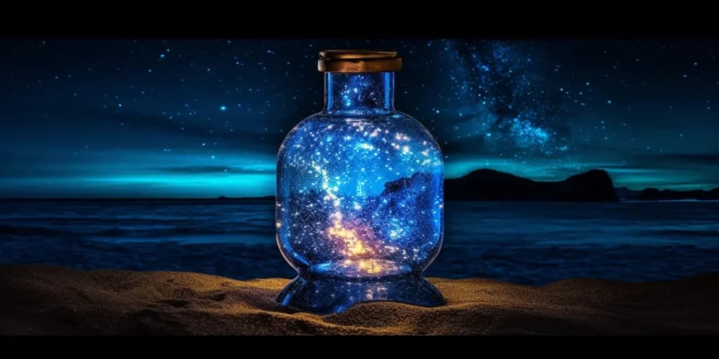 A glass bottle holding a glowing galaxy on a moonlit beach