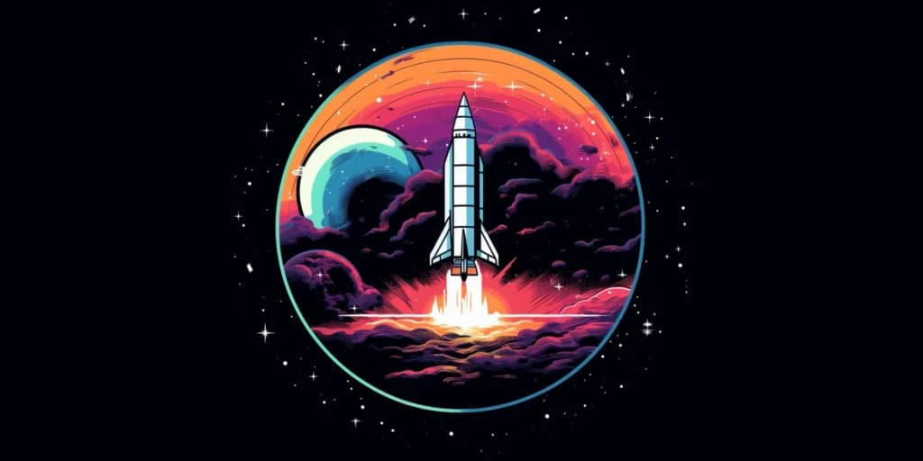Rocket launching inside a circle on a black background, made with Midjourney in 2023