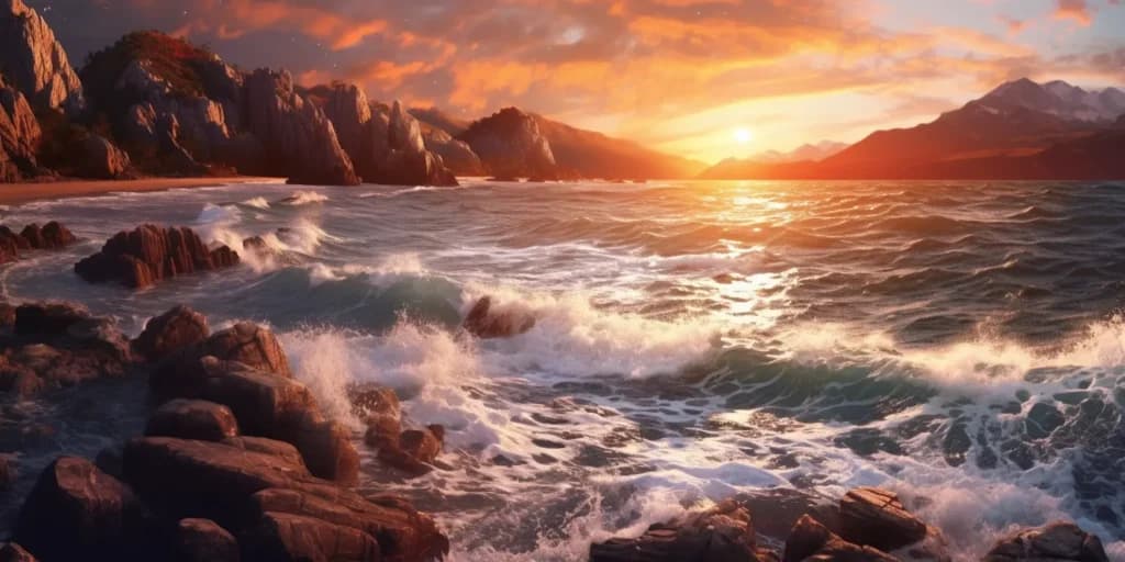 Midjourney generated image of sunrise over a round ocean and rocky beach